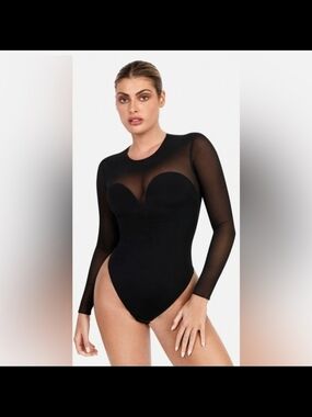 Popilush Black Sheer Long-Sleeve Bustier Bodysuit Corset Mesh NWT Size M